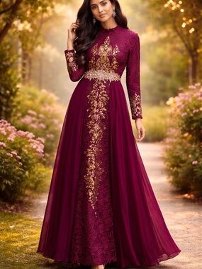 Elegant Women's Burgundy Embroidered Evening Gown